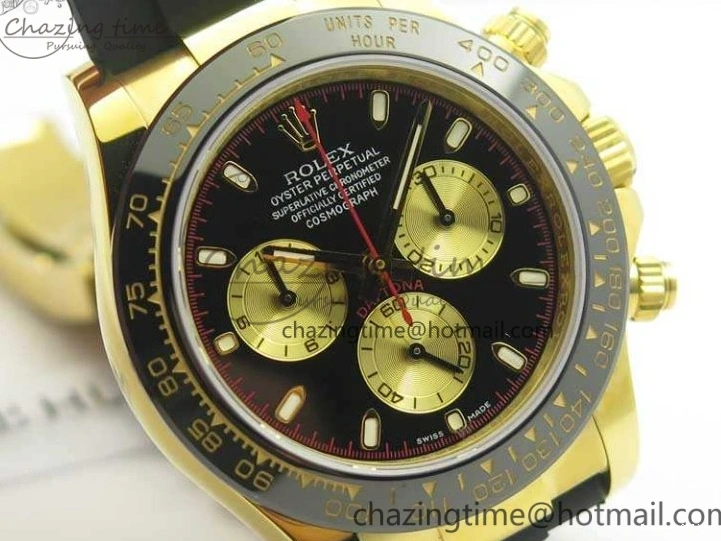 0522 Chic Daytona 116518LN YG JH Best Black Gold Dial On Rubber Strap A4130 (Free XS Rubber ) 3458